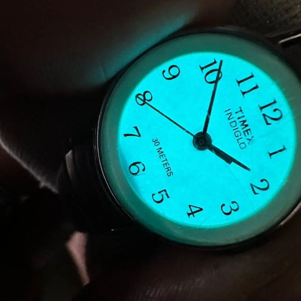 3/$30 Timex Indiglo Watch Women Silver White Dial Stretch Band 23MM Works 6